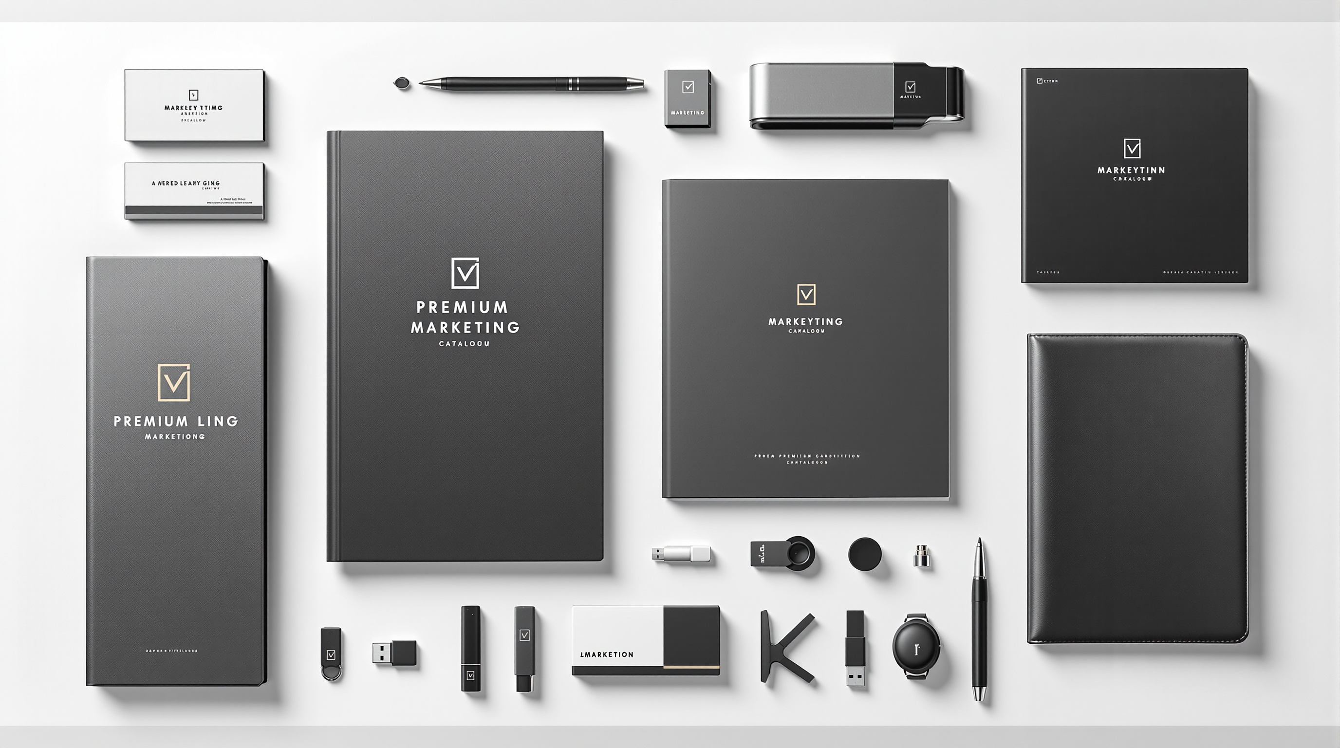 Premium branded marketing materials flat lay — business cards, brochures, promotional items