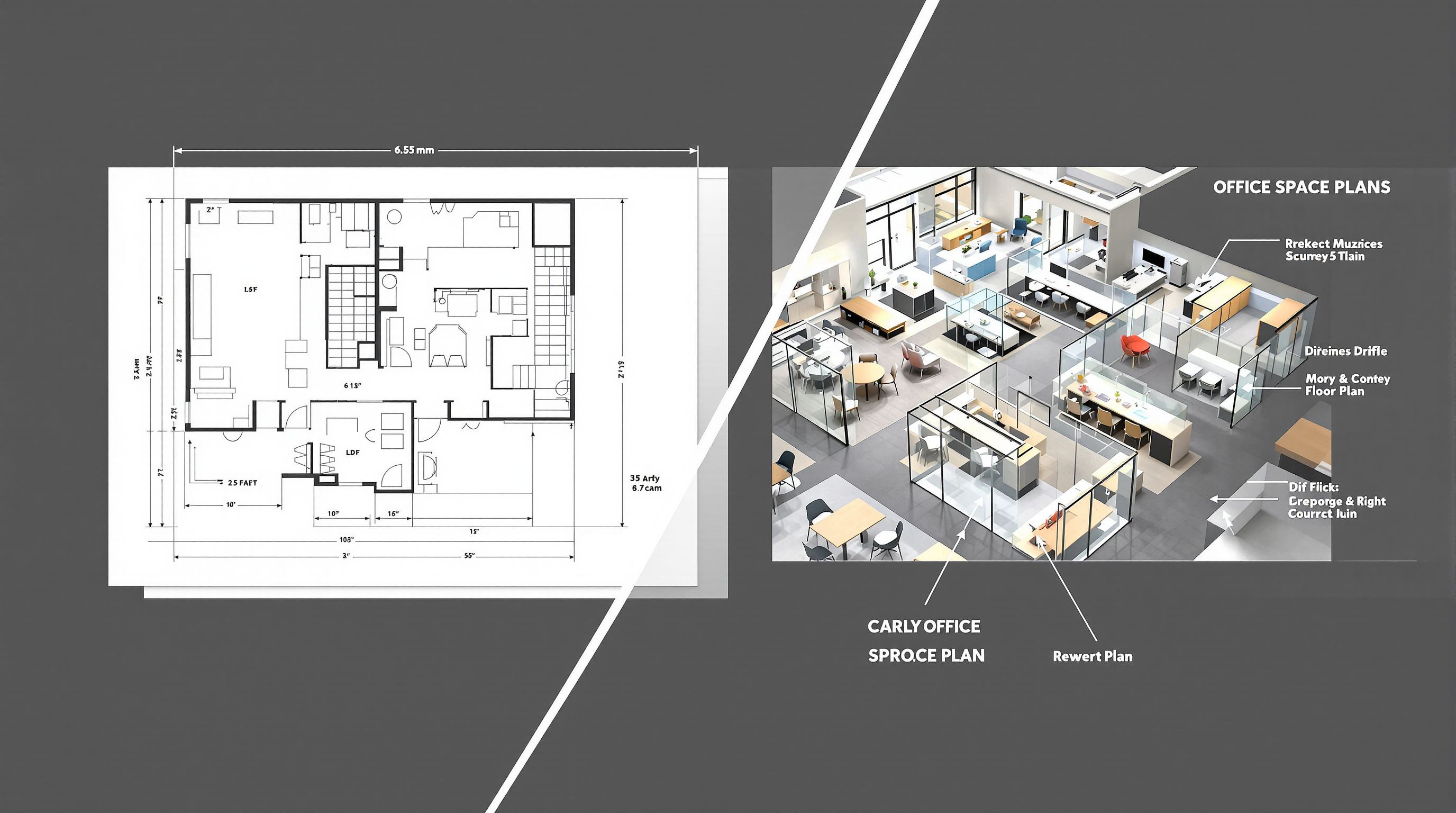 Office space planning floor plan and 3D workspace design visualization
