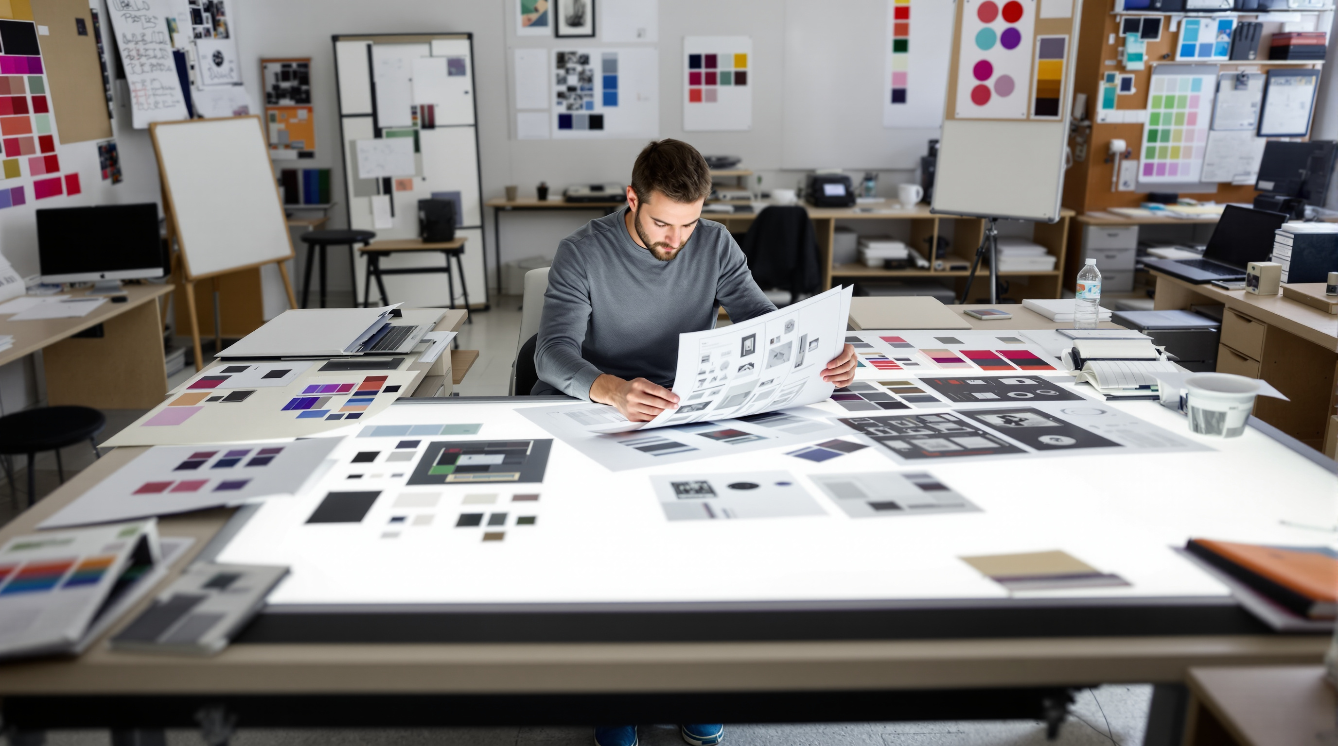 Design studio reviewing large format print proofs on a light table