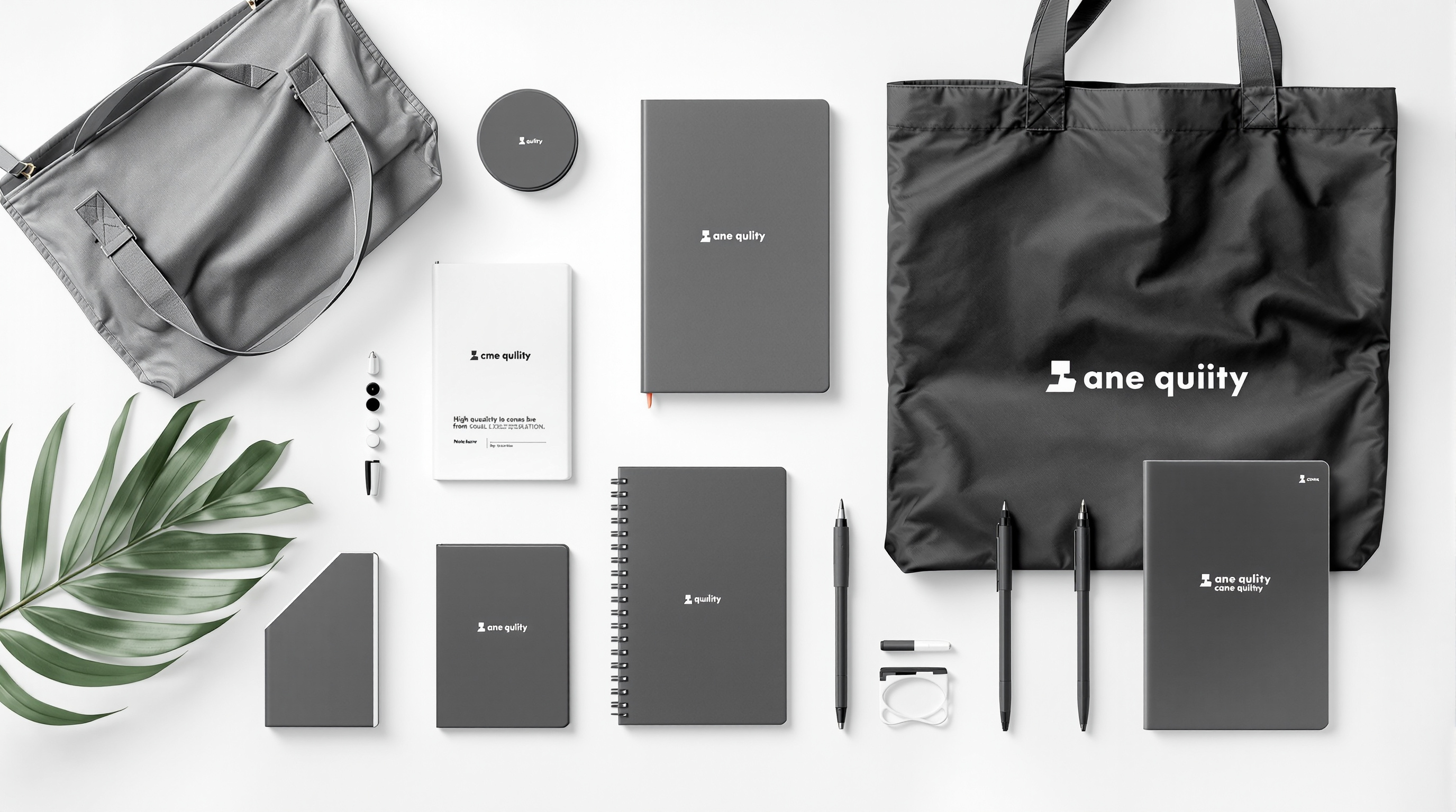 Branded promotional merchandise collection — tote bags, notebooks, pens